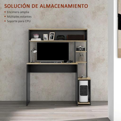 Mesa de Ordenador con Estantes Escritorio con Estanterías Soporte para Monitor CPU 114x45x138 cm Gris y Natural [2]