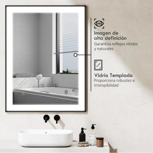 Espejo de Baño con Luz LED 80x60 cm con 3 Colores de Luz Función Antivaho Función de Memoria IP44 Horizontal/Vertical [4]