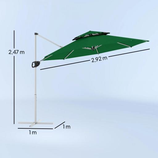 Parasol Excéntrico Ø292 cm con Manivela Giro 360° Inclinación Ajustable Doble Techo y Base Cruzada Verde Oscuro [1]