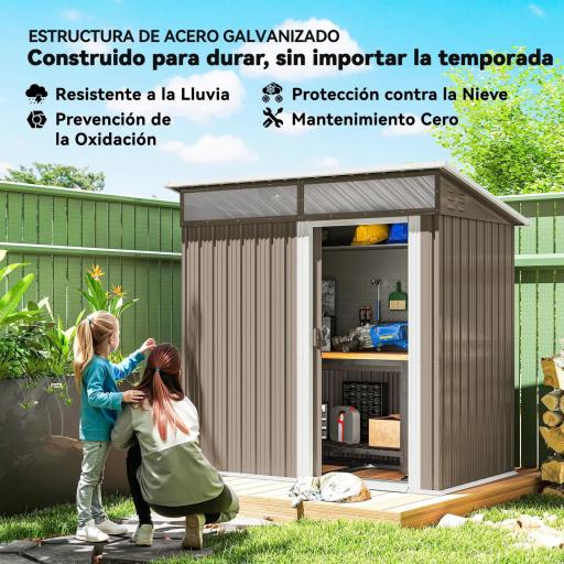 Caseta de Jardín Metálica con Puerta Corredera Ventanas y Ventilación para Almacenaje Exterior 195x122x159/182 cm Marrón [2]