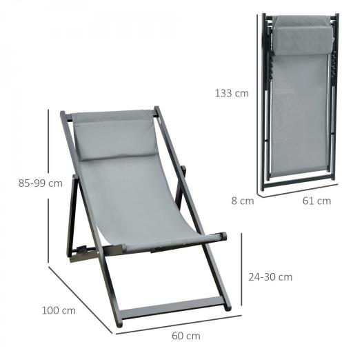 Conjunto de 2 Tumbonas Plegables de Aluminio con Respaldo Regulable en 5 Posiciones y Reposacabezas 60x100x85 cm Gris [1]
