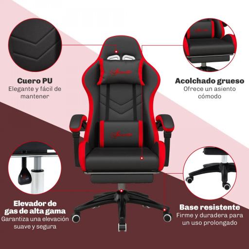 Silla Gaming de Cuero Sintético Reclinable 135° Reposacabezas y Reposapiés 65x65x121-129cm Negro y Rojo [3]