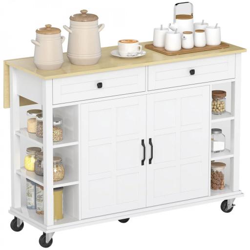 Isla de Cocina con Ruedas Encimera Plegable 2 Puertas con Cierre Suave 2 Cajones 6 Estantes Abiertos Blanco [8]