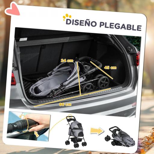 Carrito para Perros Pequeños con Ruedas Universales Cesta de Almacenaje Correas de Seguridad y Ventanas 67x45x96 cm Gris [3]