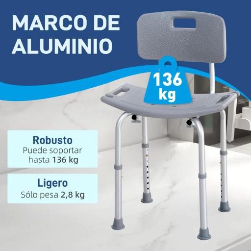 Taburete de Ducha Silla para Ducha con Respaldo Antideslizante Altura Regulable en 8 Niveles Carga 136 kg [4]