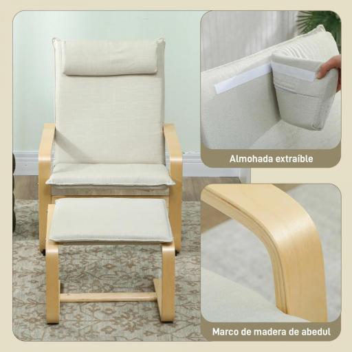 Sillón con Reposapiés Sillón Lectura con Respaldo Alto Reposacabezas Extraíble Patas de Madera y Tapizado en Lino Crema [4]