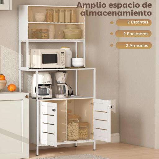 Estantería de Cocina con Toma de Corriente Soporte para Microondas con 2 Puertas 2 Puertos USB y Compartimentos Blanco [6]