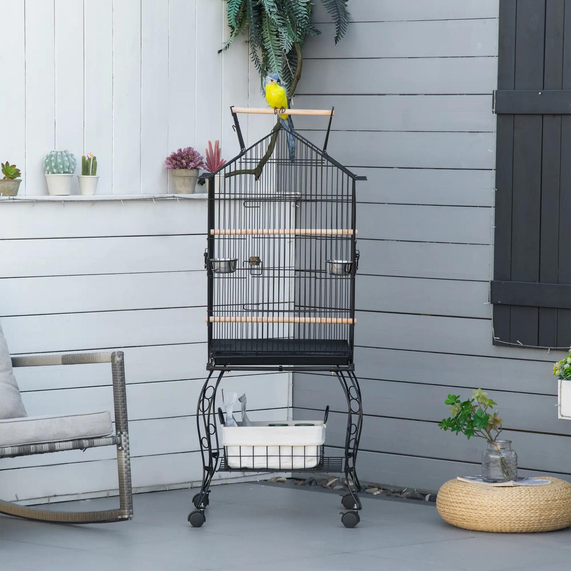 Jaula de Pájaros con Soporte Ruedas Bandeja Extraíble y Comederos para Canarios Periquitos 50x58x137-145 cm Negro