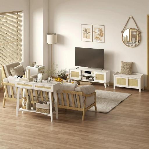 Mueble de TV de Salón Mesa para Televisores de hasta 55" con 2 Puertas de Ratán Estante Ajustable 120x35x46 cm Blanco [6]