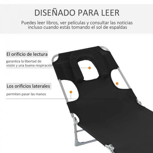 Tumbona Reclinable y Plegable de Jardín con Orificio de Lectura Reposacabezas y Respaldo Ajustable en 5 Niveles para Playa 182x56x28 cm Negro [2]