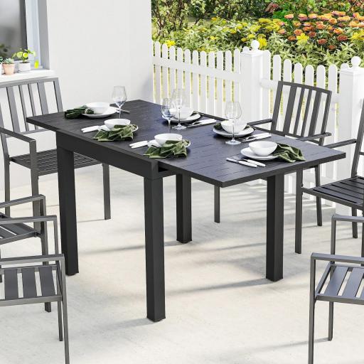Mesa de Comedor Exterior Extensible 80/160 cm para 4-6 Personas de Aluminio con Tapa de Listones Efecto Madera Negro