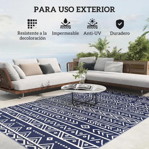 Alfombra de Exterior Reversible 182x274 cm con Patrón Geométrico de Cenefa Impermeable con Bolsa Azul y Blanco [4]