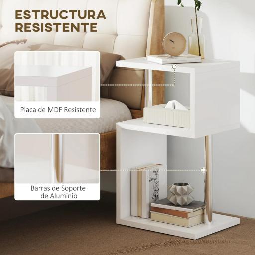 Mesa Auxiliar con Luz LED de 3 Niveles con Estantes y Estructura de Aluminio para Salón Dormitorio 44x38x75 cm Blanco [3]