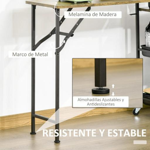 Carro de Cocina con Ruedas Carrito Auxiliar con Estantes de 3 Niveles Hoja Abatible y 2 Portavasos Multiusos para Comedor 118x36,5x82 cm Marrón Rústico [6]