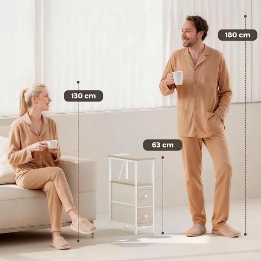 Juego de 2 Mesitas Auxiliares Estrechas con Enchufe Toma AC Puerto USB Puerto USB-C 2 Cajones de Tela Natural [6]