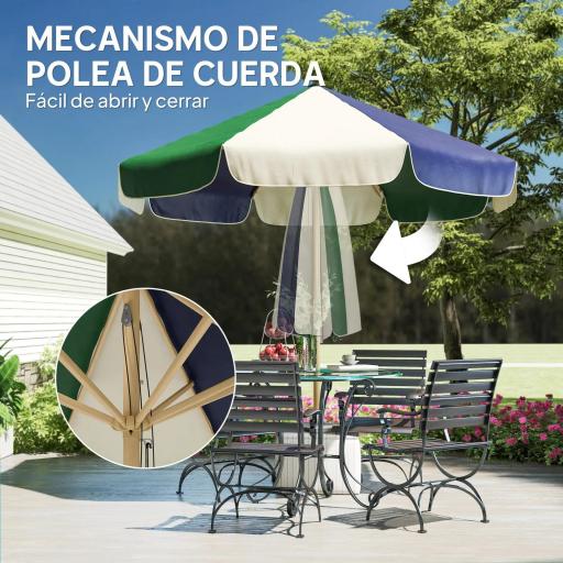 Sombrilla Terraza Exterior Ø2,3 m con Marco de Efecto Madera Polea con Cuerda Dosel Bicolor UPF30+ Verde Oscuro [6]