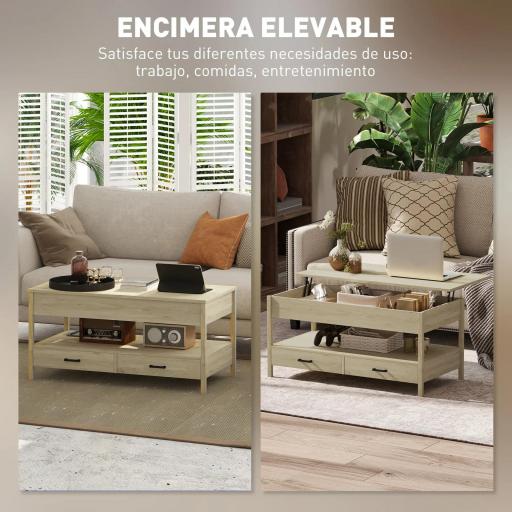 Mesa de Centro Elevable con Almacenamiento Compartimento Oculto Cajones y Estante Abierto 100x50x48-62 cm Roble [3]