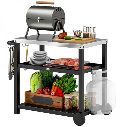 Carrito de Parrilla para Jardín o Terraza Carro de Servicio con Encimera Estantes y Ruedas para BBQ 102x50x81 cm Gris [8]