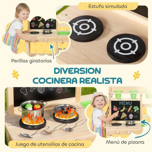 Cocina de Juguete Exterior de Madera con Macetas Fregaderos Grifo Utensilios de Acero Inoxidable Natural [4]