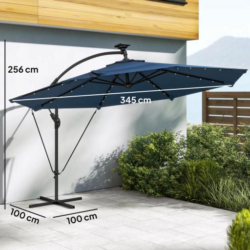 Parasol Excéntrico con Luces LED Solares Ø345 cm Sombrilla Jardín de Aluminio con Base Cruzada Manivela Funda Azul [1]