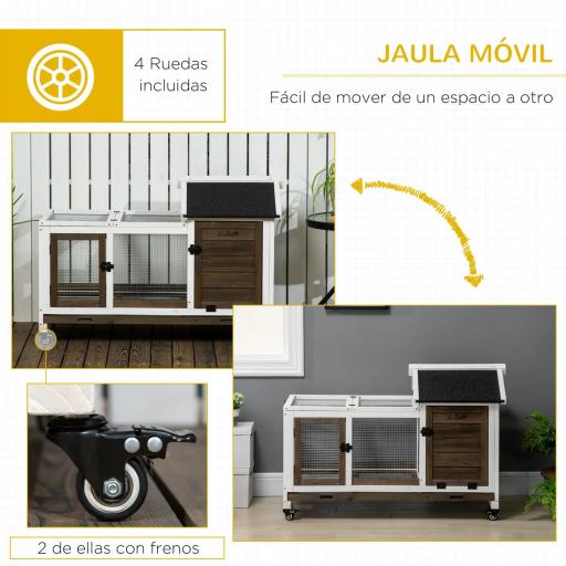 Conejera de Madera con Ruedas para 1-2 Conejos con Techo Abrible Bandeja Extraíble 108x58x73,5 cm Marrón Oscuro [3]