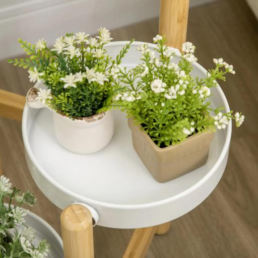 Soporte para Plantas con Patas de Bambú y 4 Estantes Metálicos Redondos Carga 20 kg Ø28x80 cm Natural y Blanco [4]