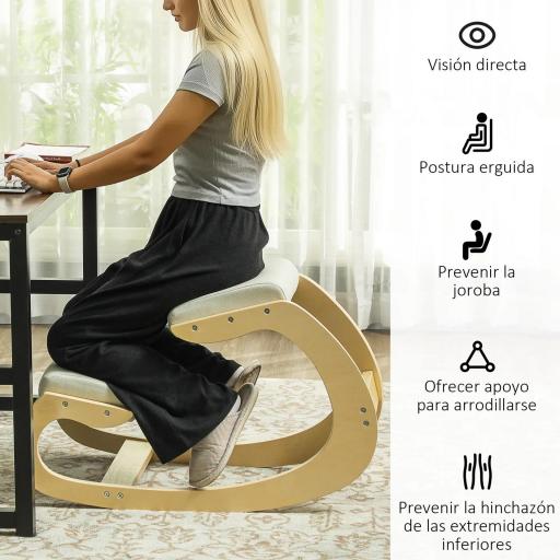 Silla Ergonómica de Rodillas Silla de Rodillas de Madera Taburete Ergonómico Cojín Acolchado 55x85x55 cm Crema [5]