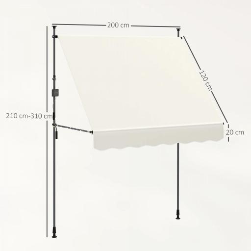 Toldo Manual Retráctil 200x120x210-310 cm para Balcón y Terraza con Altura Ajustable con Manivela Crema [1]