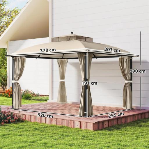 Carpa para Jardín con Techo Doble Cenador con Mosquiteras y Cortinas para Exterior Terraza 370x303x290 cm Beige [1]