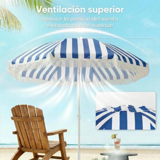 Sombrilla de Playa con Flecos Ø180 cm Sombrilla de Terraza Exterior con Altura Ajustable Inclinación 30° Azul y Blanco [5]