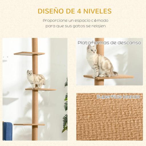 Árbol Rascador para Gatos de Suelo a Techo Torre para Gatos con Altura Ajustable 43x27x228-260 cm Marrón Claro y Beige [4]