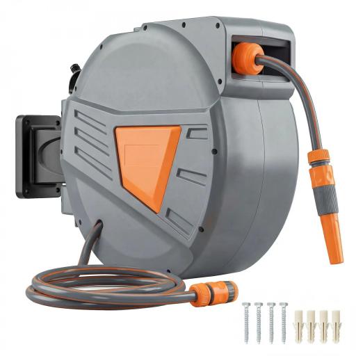 Carrete de Manguera Retráctil 20+1,6 m con Boquilla de 2 Modos Bloqueo Automático Retracción Controlada Soporte Naranja [9]