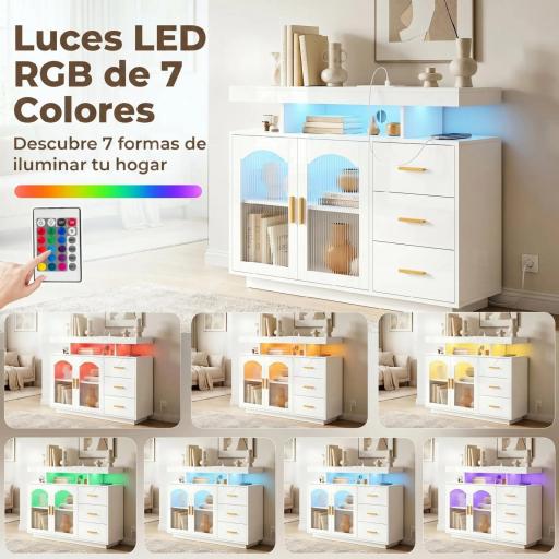 Aparador con LED RGB de 7 Colores Tomas Puertos USB 3 Cajones Estantes Abiertos 2 Puertas 100x35x80 cm Blanco Brillante [2]