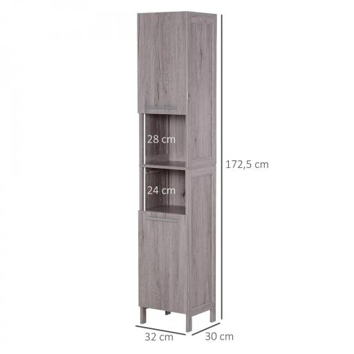 Columna de Baño Mueble Alto y Estrecho con Estantes Abiertos y 2 Armarios 30x32x172,5 cm Madera Grisácea [1]