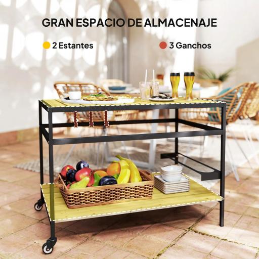 Camarera con Ruedas de Madera con 2 Estantes 3 Ganchos Encimera de Listones y Asa 107x65x80 cm Natural [2]