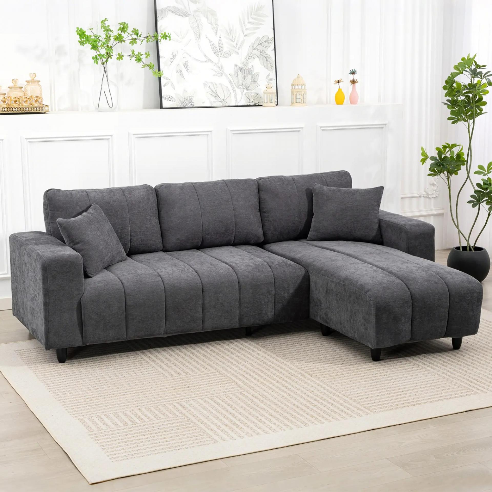 Sofá Chaise Longue Reversible de 3 Plazas 2 Almohadas Tapizado en Lino Marco de Acero 242x156x87 cm Gris Oscuro
