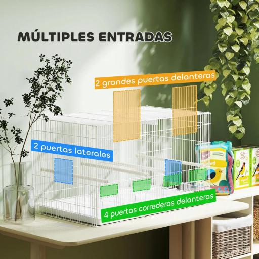 Jaula para Pájaros con Divisor 4 Comederos 4 Perchas Bandeja Extraíble para Loros Canarios Periquitos 76x46x46 cm Blanco [5]