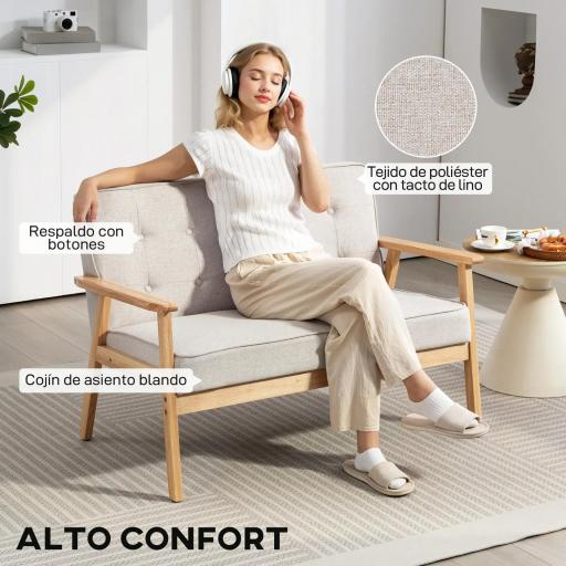 Sofá de 2 Plazas Tapizado en Lino Sintético Sofá Nórdico con Patas y Reposabrazos de Madera 113x67x78 cm Beige [2]