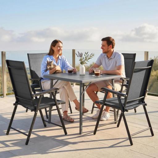Conjunto de 4 Sillas de Jardín Exterior Plegables con Respaldo Alto y Reposabrazos para Terraza Playa 58x62x97 cm Negro [3]