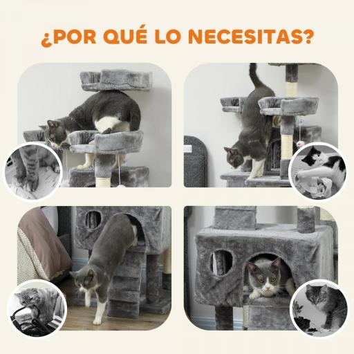 Árbol Rascador para Gatos Árbol para Gatos 153 cm con 2 Cuevas 3 Camas 2 Rampas Postes de Sisal Ratones Colgantes Gris [3]