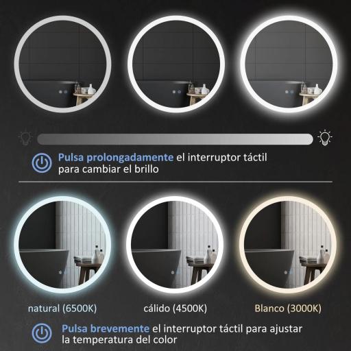 Espejo de Baño Redondo con Luces LED Ø60x3 cm Espejo Antivaho 3 Luces de Colores Función de Memoria Interruptor Táctil [6]