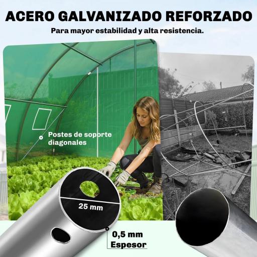 Invernadero de Túnel con 2 Varillas de Soporte 2 Puertas Enrollables y Ventanas de Malla Cubierta de PE Anti-UV Verde [2]