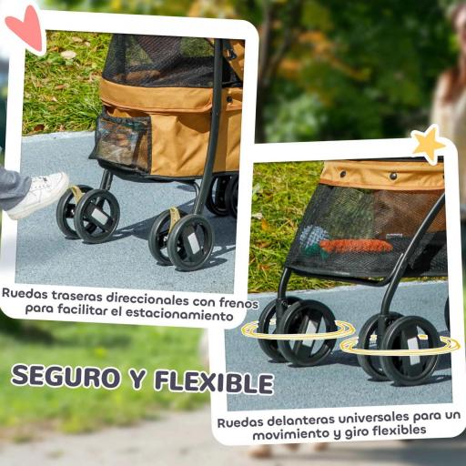 Cochecito para Perros Pequeños Plegable con Ventanas de Malla Cojín Lavable Correas de Seguridad y Marco de Acero Café [3]