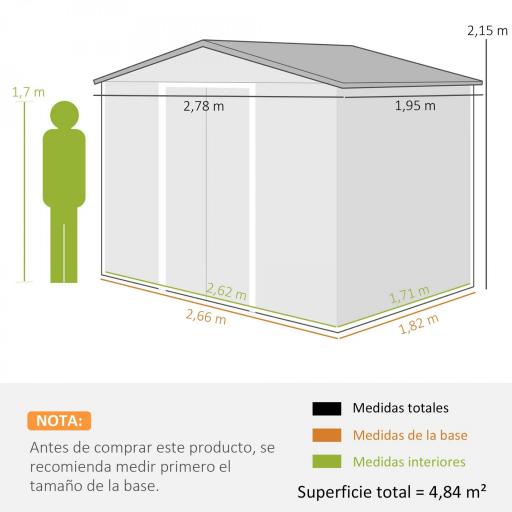 Caseta de Jardín Exterior 4,84m² 278x195x215cm con 2 Puertas y 4 Ventanas para Almacenamiento de Herramientas Natural [1]