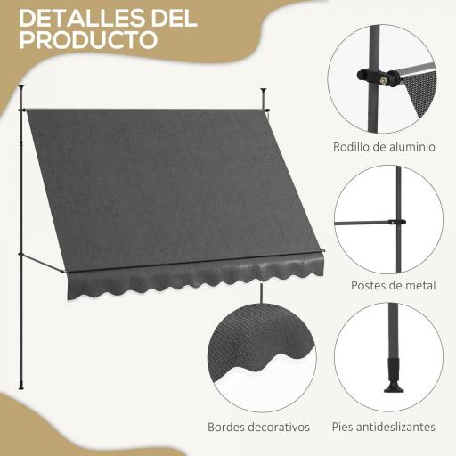 Toldo Manual Retráctil para Balcón 300x120x210-300 cm con Manivela Altura Ajustable Impermeable y Anti-UV Gris Oscuro [5]