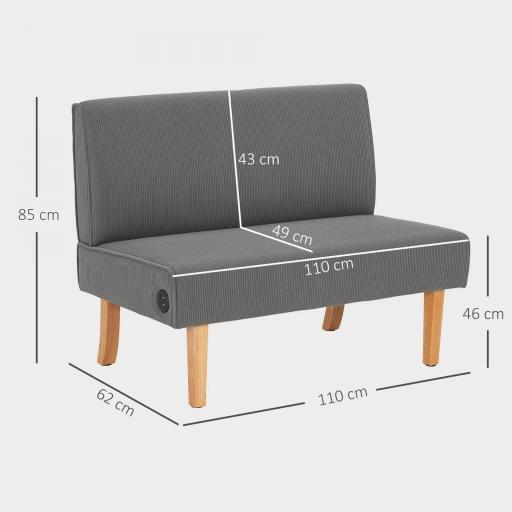 Sofá de 2 Plazas Tapizado en Pana con 2 Puertos USB 1 Puerto Tipo-C y Patas de Madera Carga 220 kg 110x60x85 cm Gris [1]