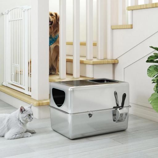 Arenero para Gatos de Acero Inoxidable XL Arenero con Pala Aberturas Dobles Fácil de limpiar Plata [6]