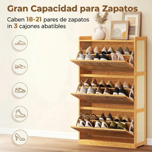 Zapatero Estrecho de Bambú con 3 Cajones Abatibles de Ratán para 18-21 Pares de Zapatos 69x29x119,8 cm Natural [4]