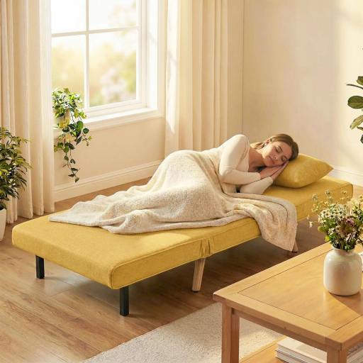 Sofá Cama Individual Plegable con Respaldo Ajustable 5 Posiciones Sillón Cama Tapizado con Cojín 72x75x85 cm Amarillo [3]