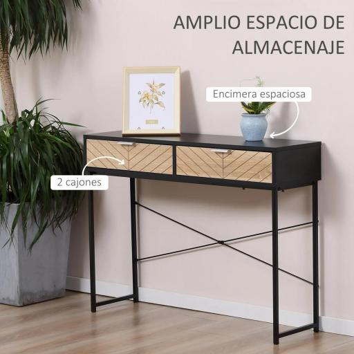 Mesa de Consola Estrecha con 2 Cajones Diseño de Líneas Talladas Estilo Moderna Negro y Roble [2]